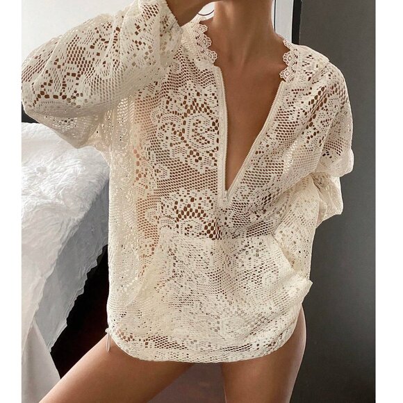 New to Posh C 🔆| Euro Style Jacquard Hooded Loose Zipper Hollow-Out Sweatshirt - Picture 5 of 8